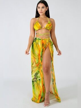 Strappy Halter Bikini Set with Wrap Maxi Skirt in Yellow and Green